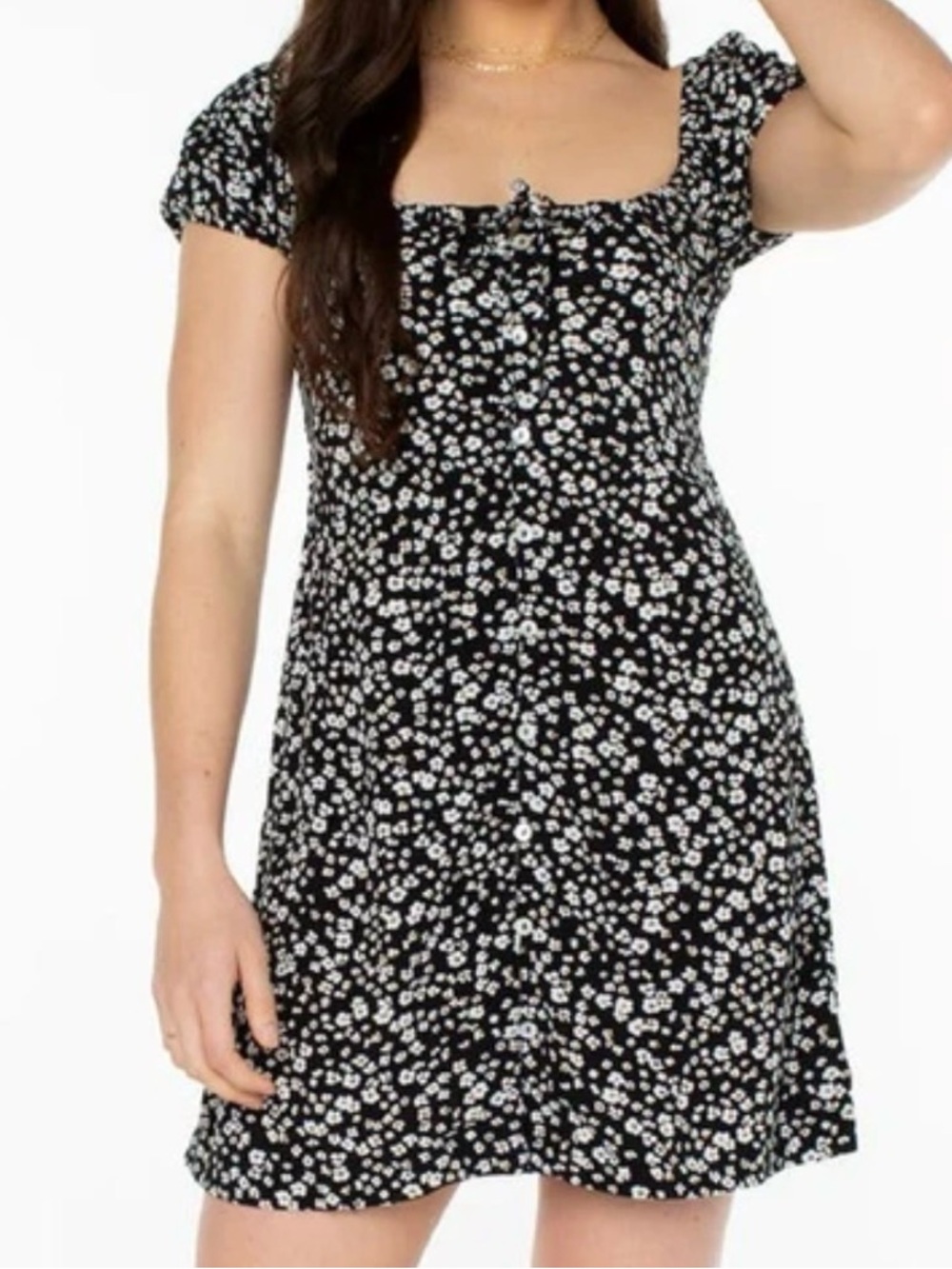 Roxy Black Floral Square-Neck Mini Dress with White and Tan Blossoms